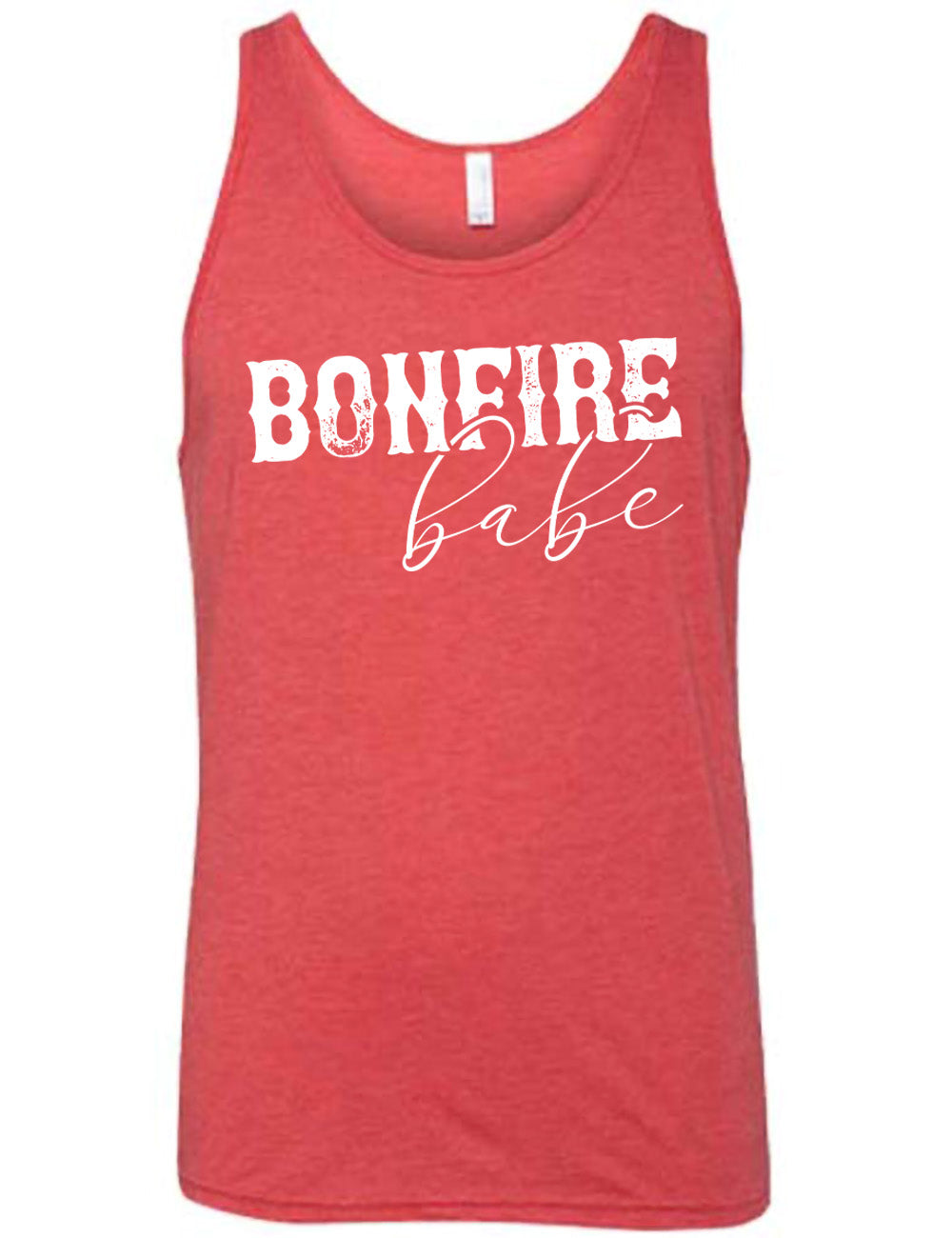 red unisex tank with the words "bonfire babe" on it