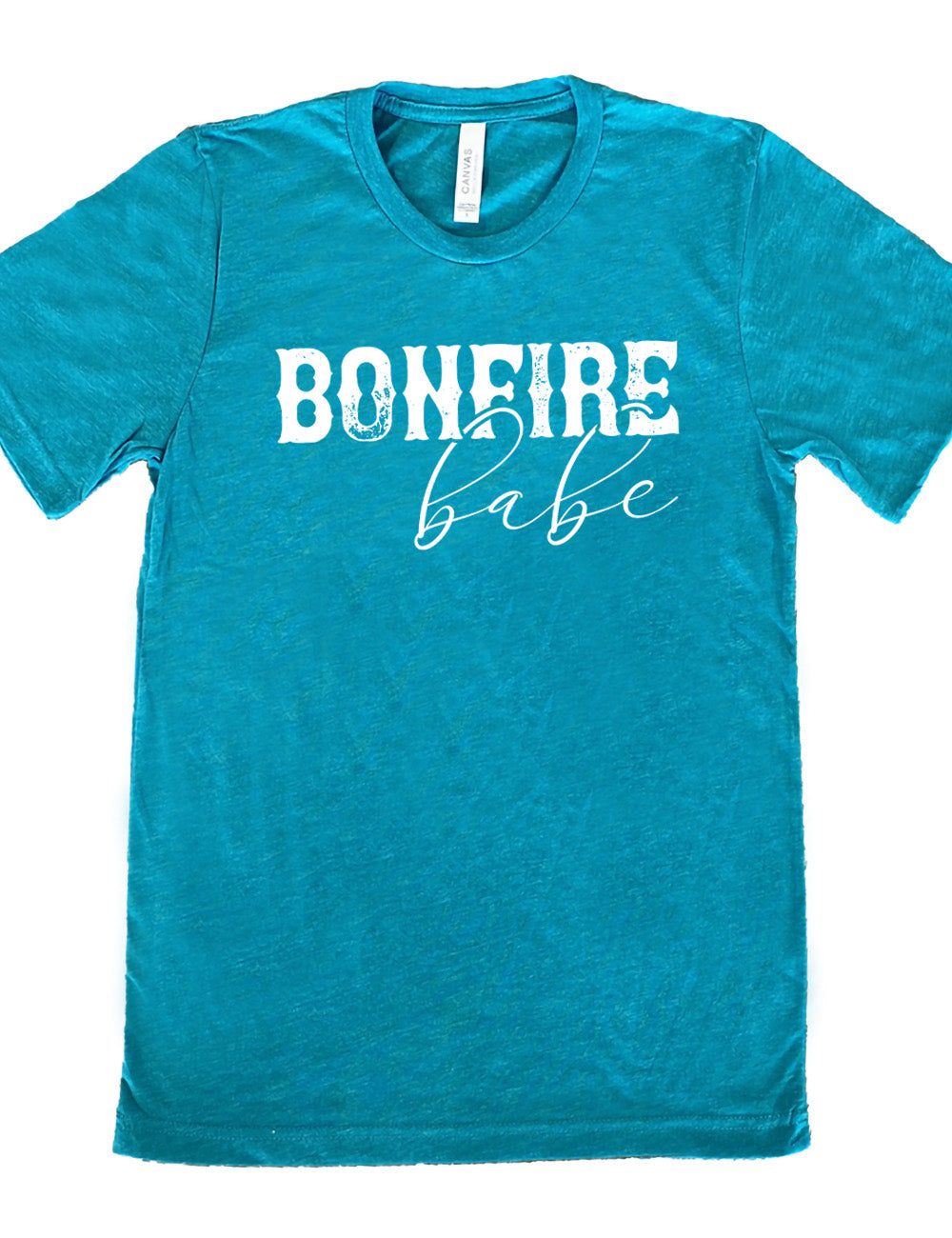 teal unisex tee with the words "bonfire babe" on it