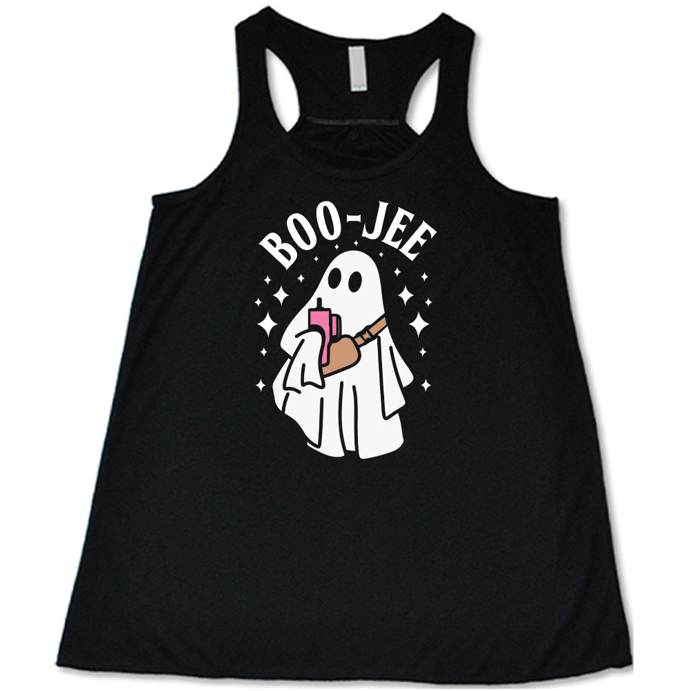 Black colored flowy tank with ghost holding drink graphic on it that says "Boo-Jee"
