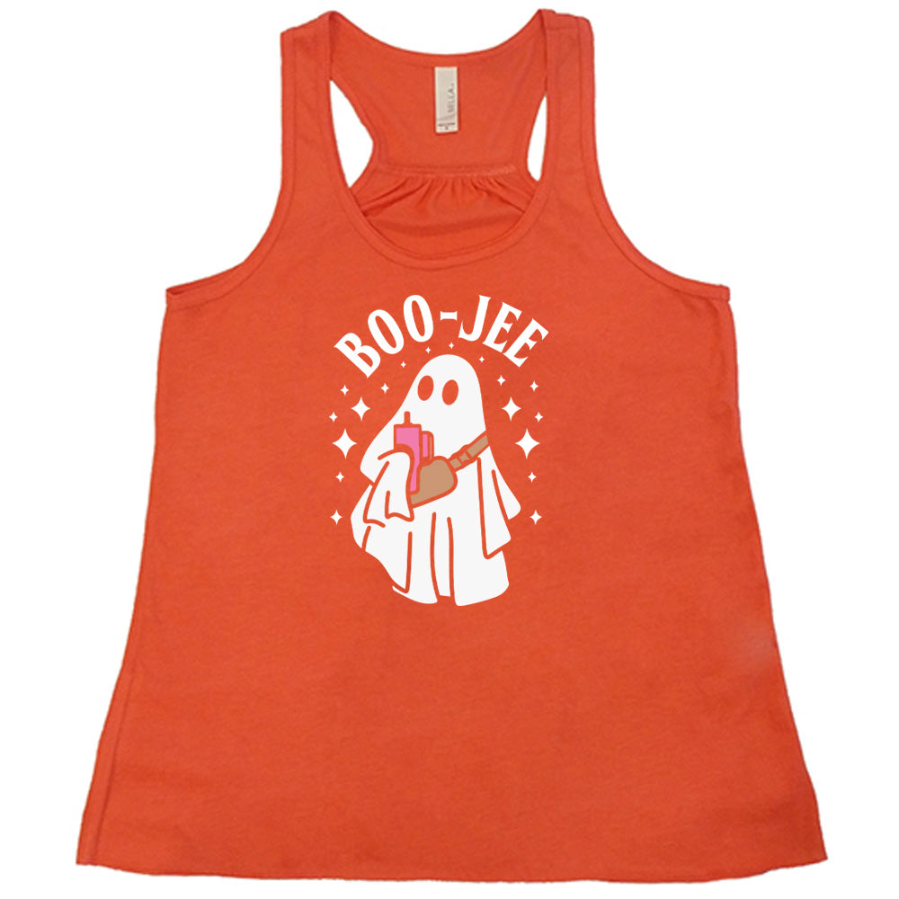 Coral colored flowy tank with ghost holding drink graphic on it that says "Boo-Jee"
