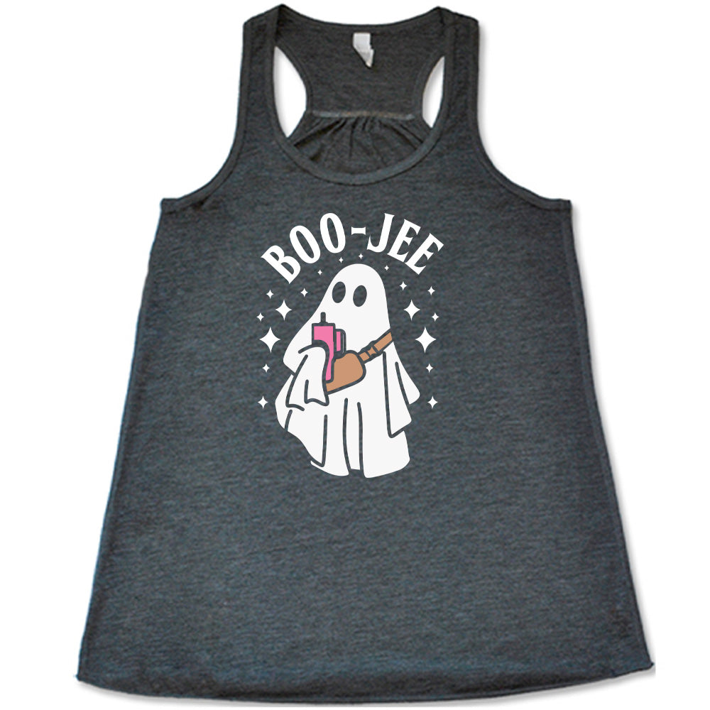 Grey colored flowy tank with ghost holding drink graphic on it that says "Boo-Jee"