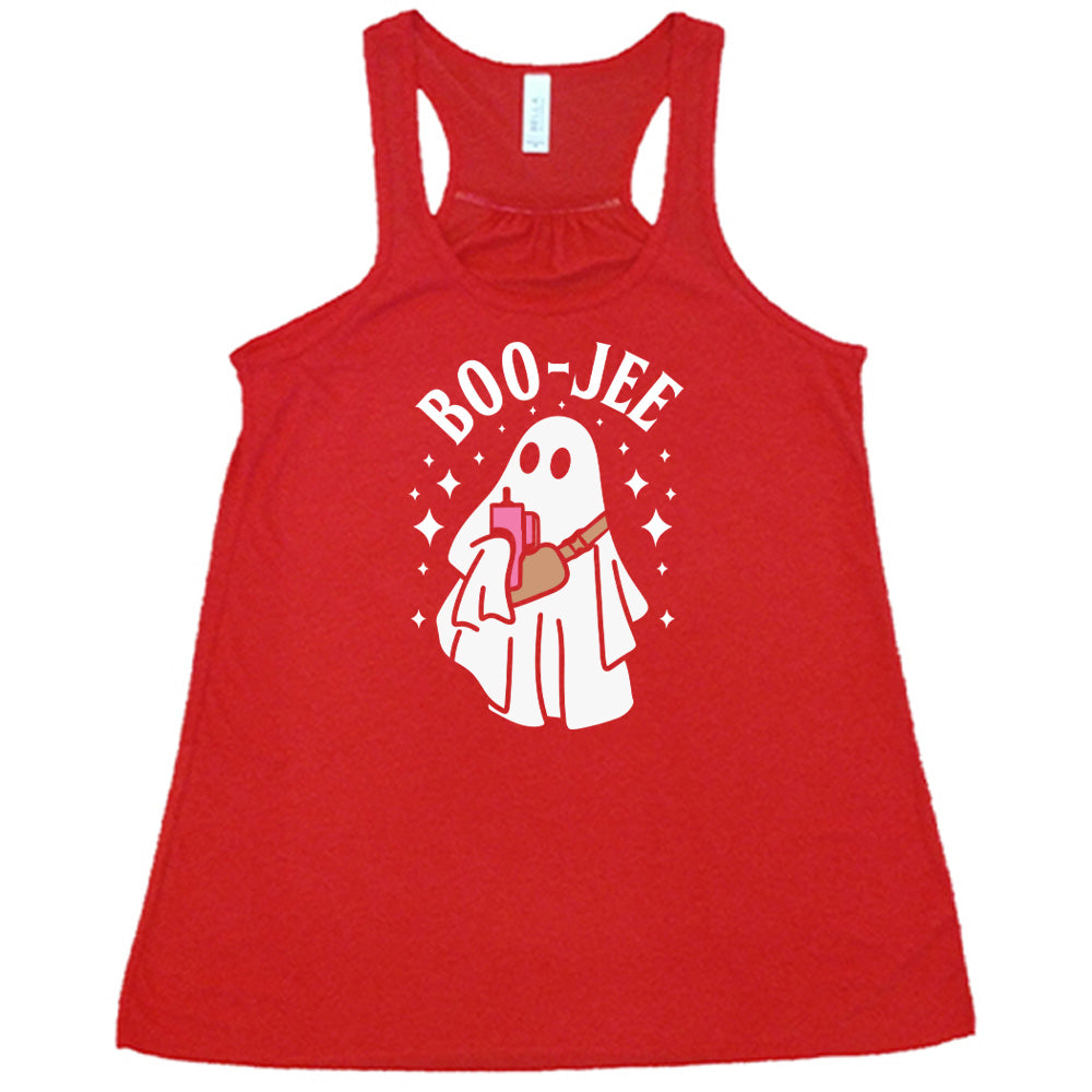 Red colored flowy tank with ghost holding drink graphic on it that says "Boo-Jee"
