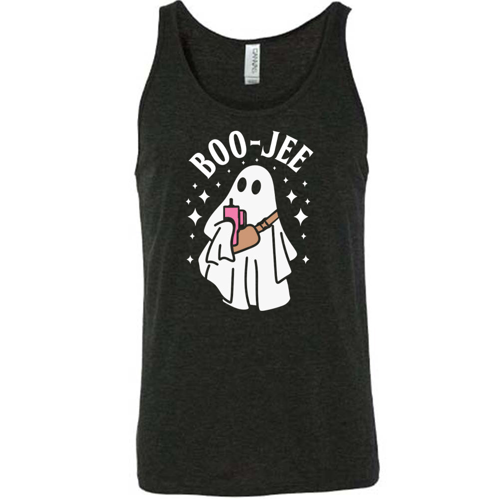 Black colored tank with ghost holding drink graphic on it that says "Boo-Jee"
