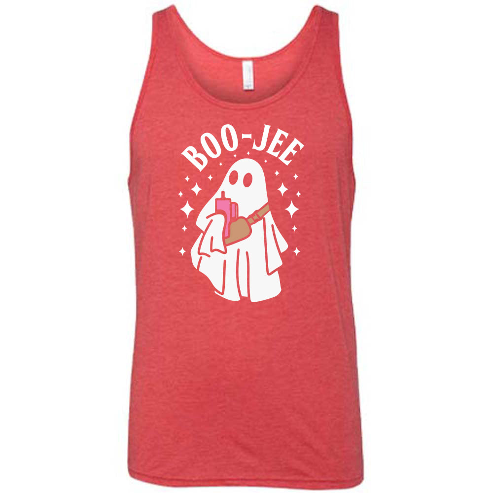 Red colored tank with ghost holding drink graphic on it that says "Boo-Jee"