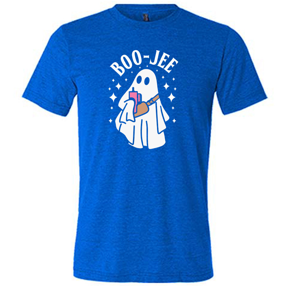 Blue colored shirt with ghost holding drink graphic on it that says "Boo-Jee"