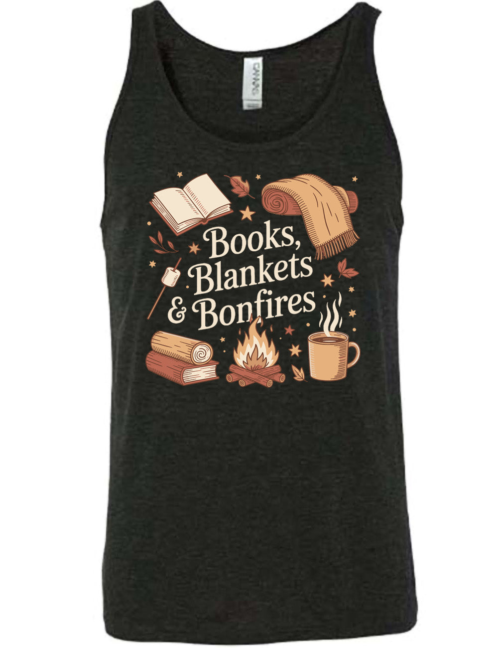 black unisex tank with the words "books, blankets & bonfires" on it, surrounded by graphics including an open book, a scarf partially rolled up, a steaming beverage in a mug, a campfire, a book with a log on top of it, and a marshmallow on a stick, as well as a lot of little stars and leaves