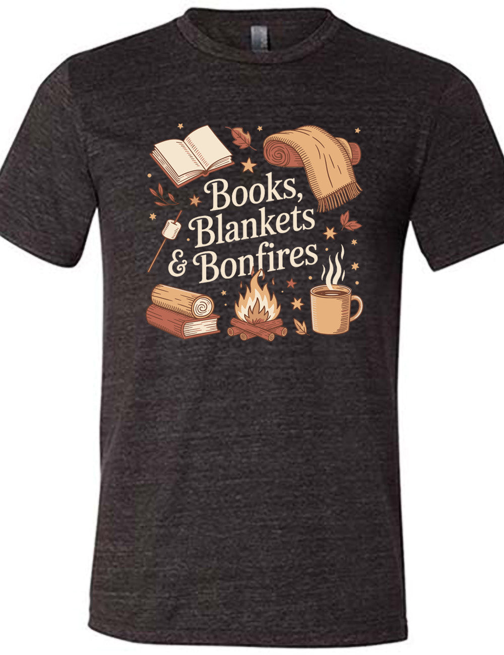 black unisex tee with the words "books, blankets & bonfires" on it, surrounded by graphics including an open book, a scarf partially rolled up, a steaming beverage in a mug, a campfire, a book with a log on top of it, and a marshmallow on a stick, as well as a lot of little stars and leaves