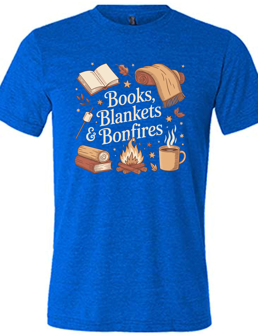 blue unisex tee with the words "books, blankets & bonfires" on it, surrounded by graphics including an open book, a scarf partially rolled up, a steaming beverage in a mug, a campfire, a book with a log on top of it, and a marshmallow on a stick, as well as a lot of little stars and leaves