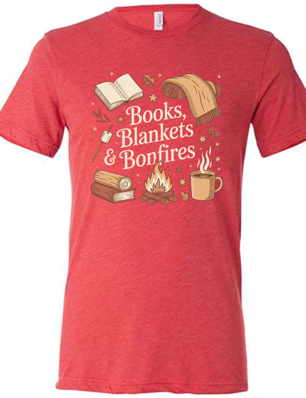 red unisex tee with the words "books, blankets & bonfires" on it, surrounded by graphics including an open book, a scarf partially rolled up, a steaming beverage in a mug, a campfire, a book with a log on top of it, and a marshmallow on a stick, as well as a lot of little stars and leaves
