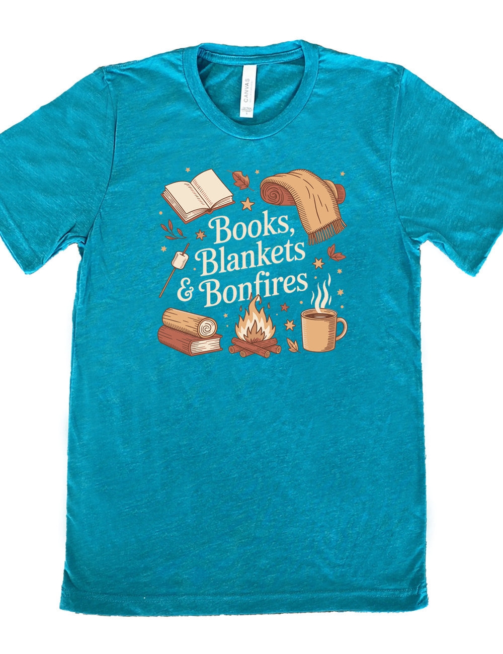teal unisex tee with the words "books, blankets & bonfires" on it, surrounded by graphics including an open book, a scarf partially rolled up, a steaming beverage in a mug, a campfire, a book with a log on top of it, and a marshmallow on a stick, as well as a lot of little stars and leaves