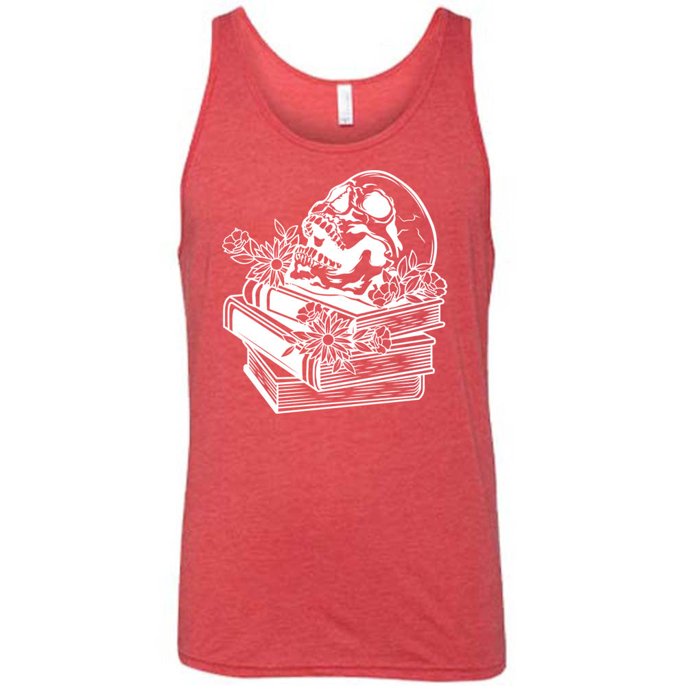 red unisex tank with the graphic of an open-mouthed skull atop a stack of books, with flowers