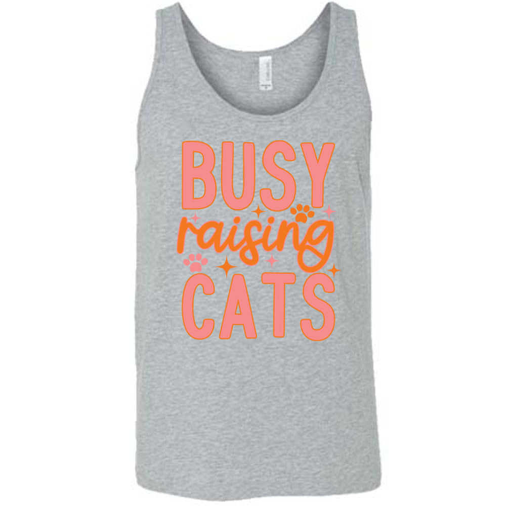 grey unisex tank with the words "busy raising cats" on it, with graphics of a couple small paw prints and a number of little stars