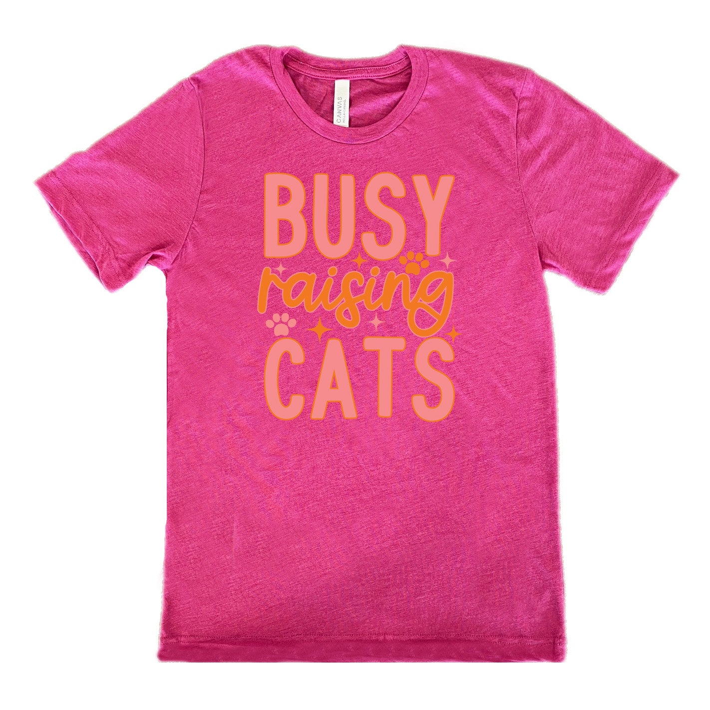 berry unisex tee with the words "busy raising cats" on it, with graphics of a couple small paw prints and a number of little stars