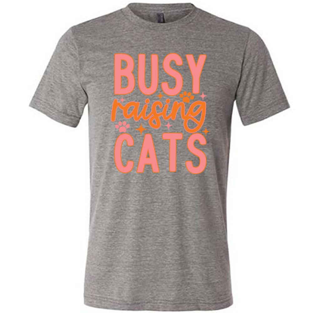 grey unisex tee with the words "busy raising cats" on it, with graphics of a couple small paw prints and a number of little stars