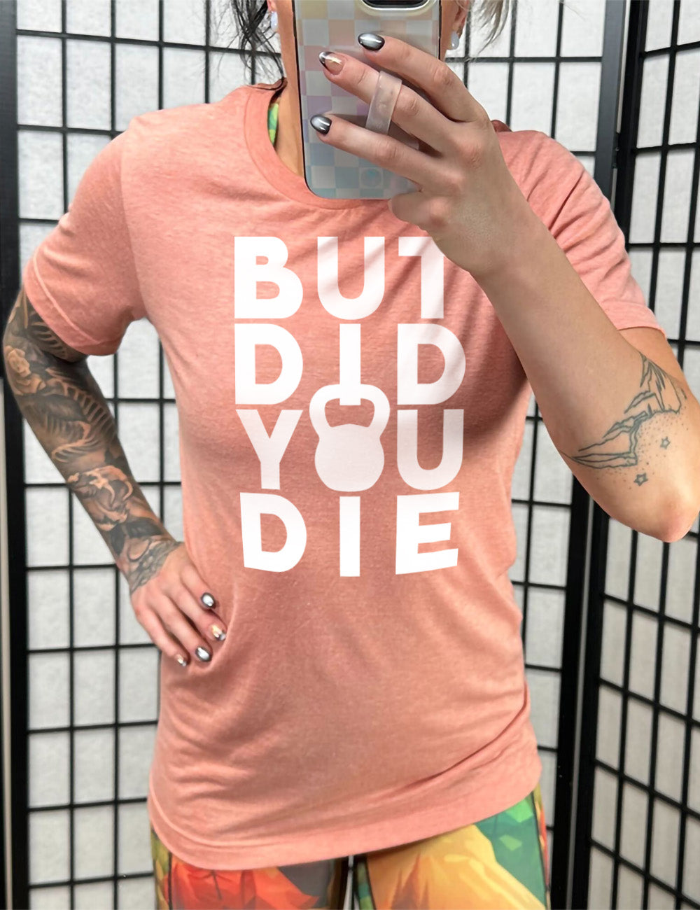 sunset unisex tee unisex tee with words on it saying "but did you die" with the "o" in "you" being a kettlebell graphic