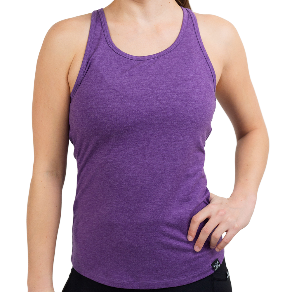 front of the purple open back tank top against a white background