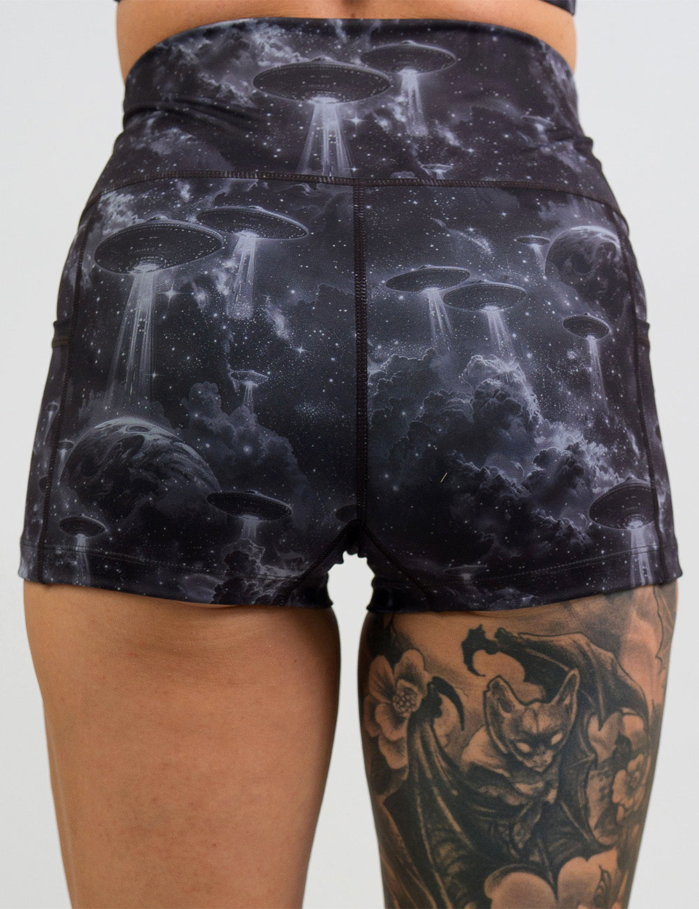 back of the alien space ship invasion 2.5 inch shorts against a white background
