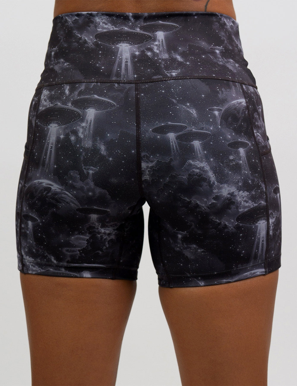 back of the 5 inch alien space ship invasion shorts against a white background