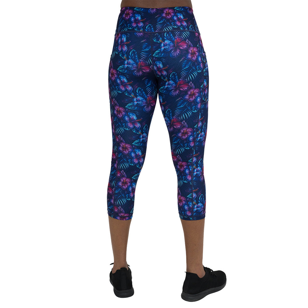 back of the blue and pink tropical flower patterned leggings