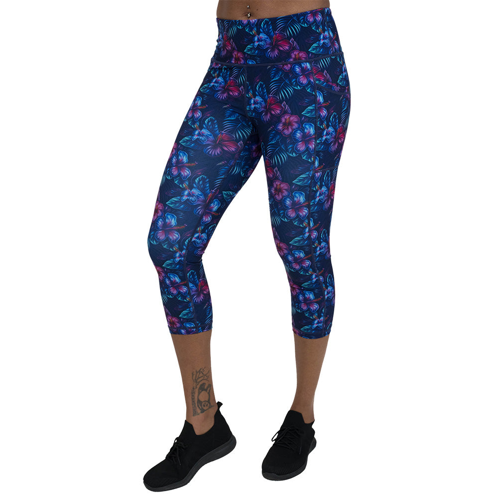 blue and pink tropical flower patterned leggings