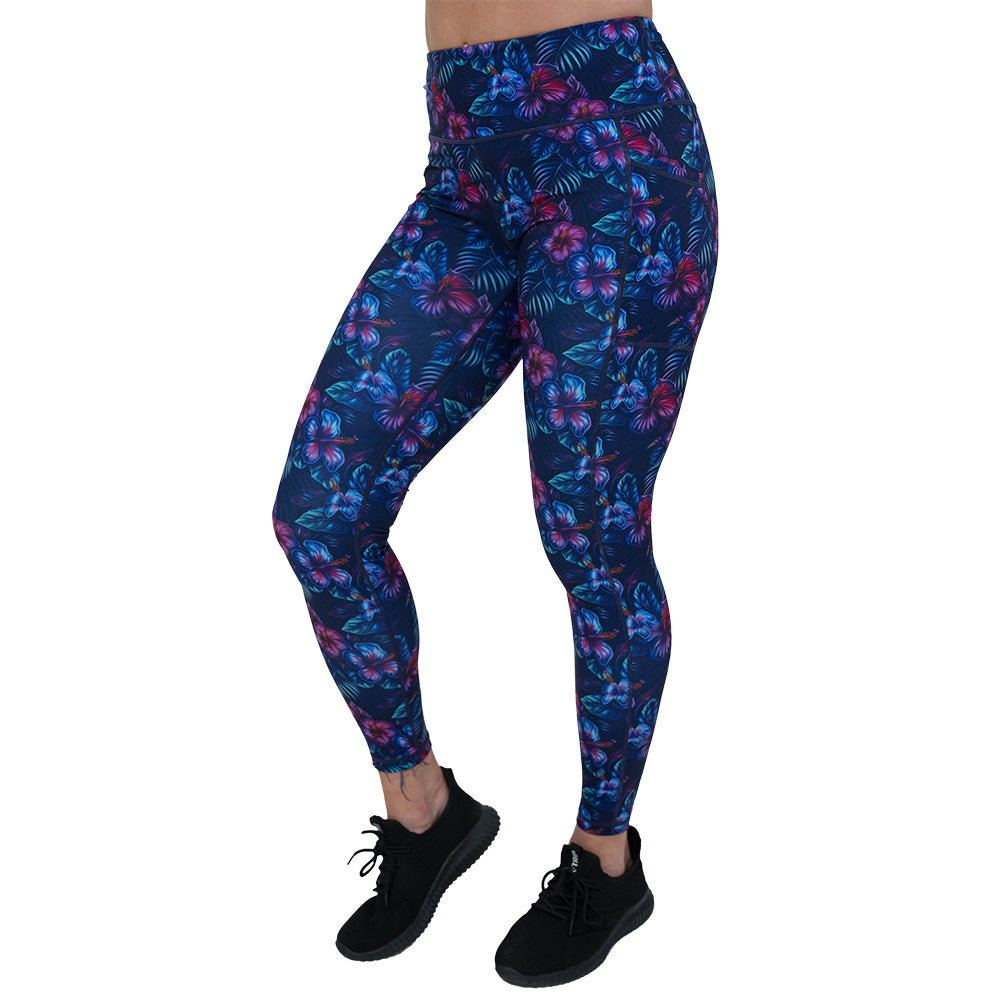 blue and pink tropical flower patterned leggings