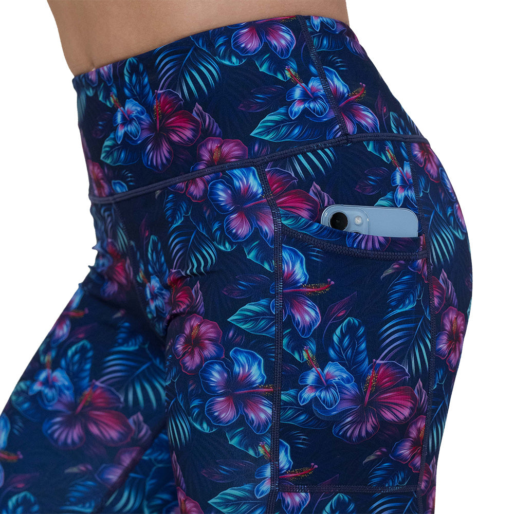 side pocket on the blue and pink tropical flower patterned leggings