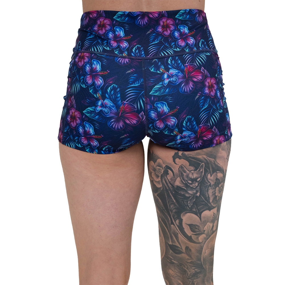 back of the blue and pink tropical flower patterned shorts