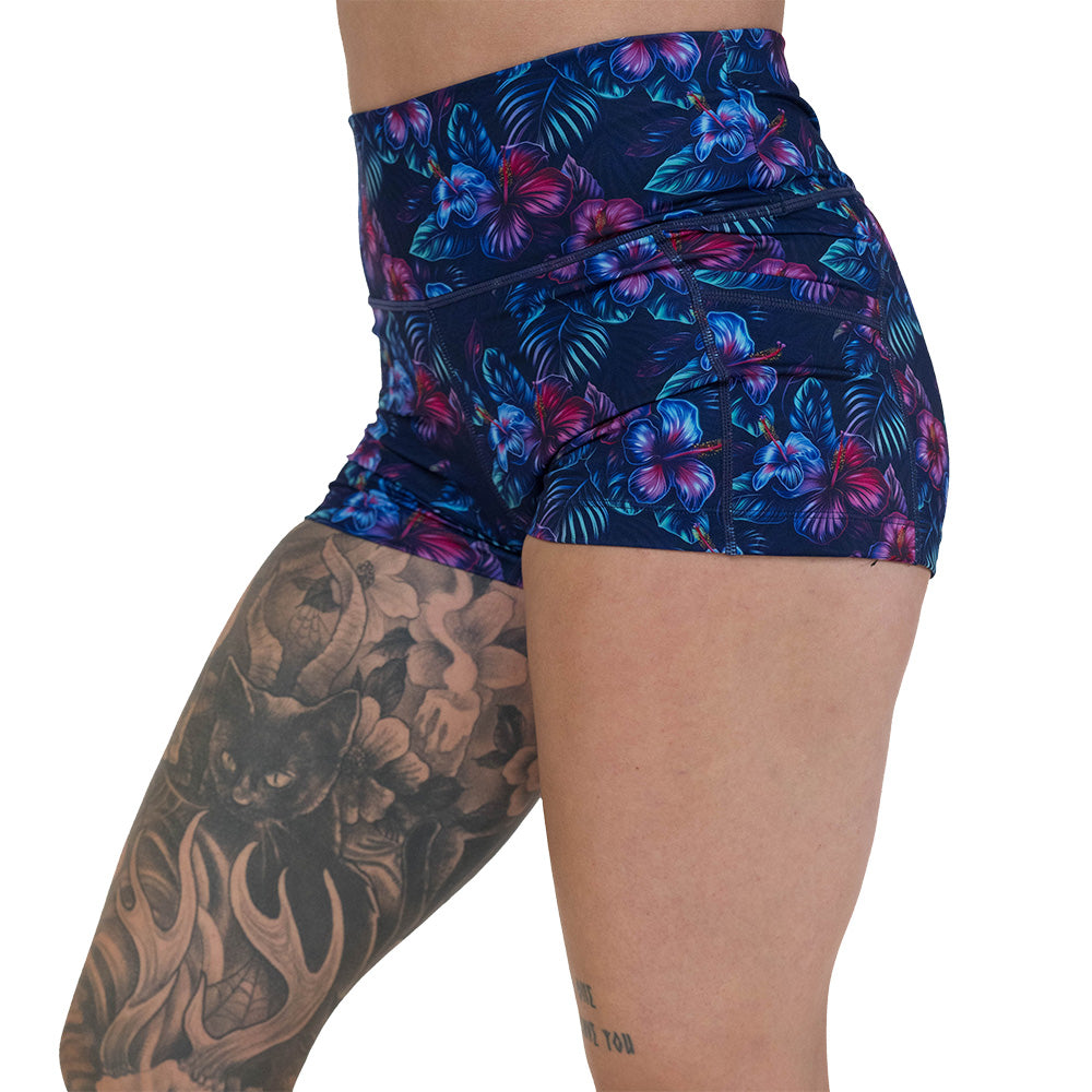 blue and pink tropical flower patterned shorts