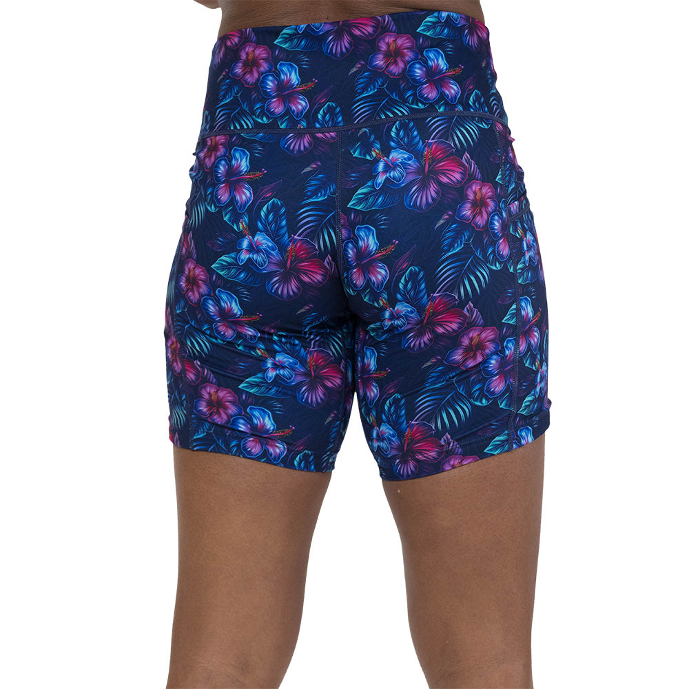 back of the blue and pink tropical flower patterned shorts