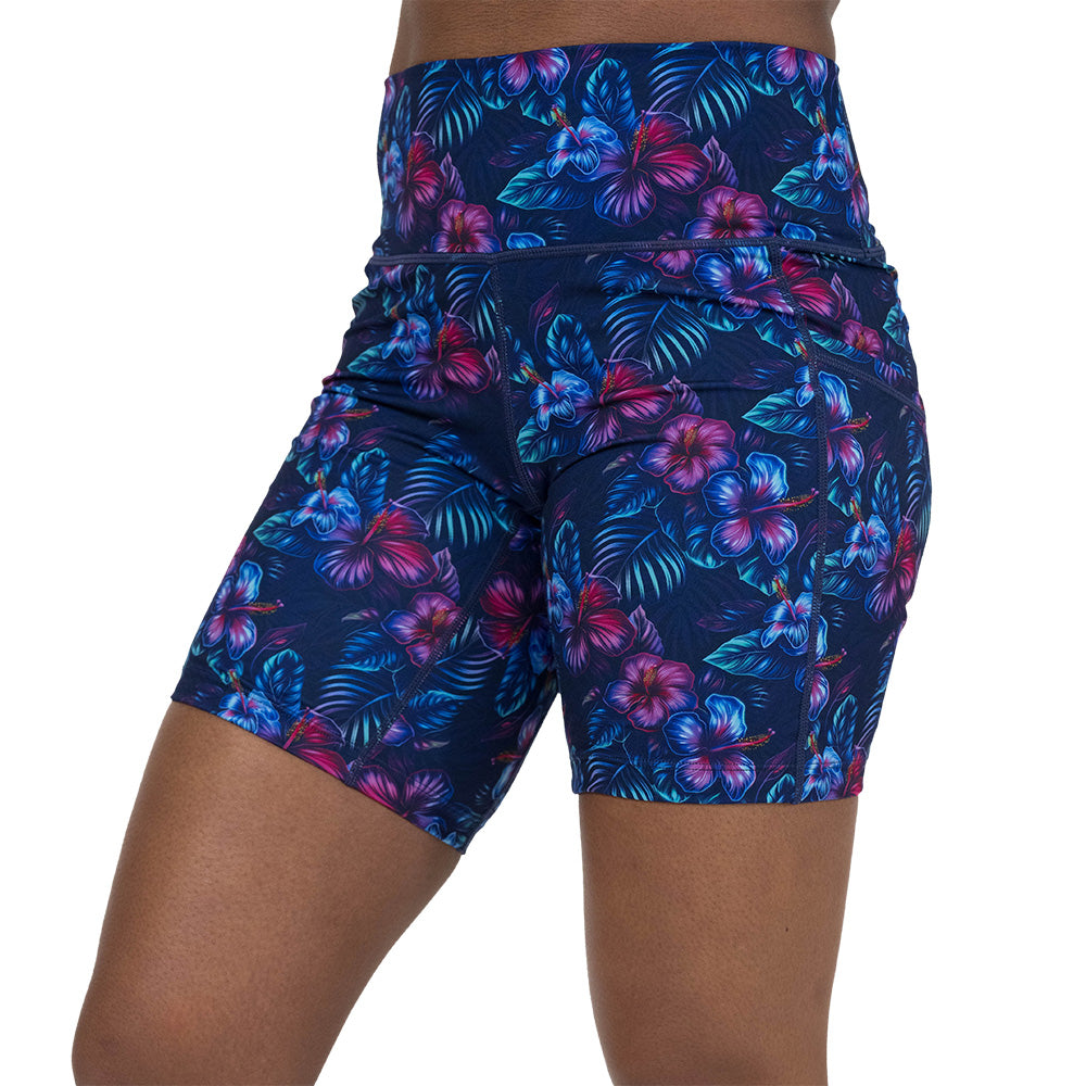blue and pink tropical flower patterned shorts