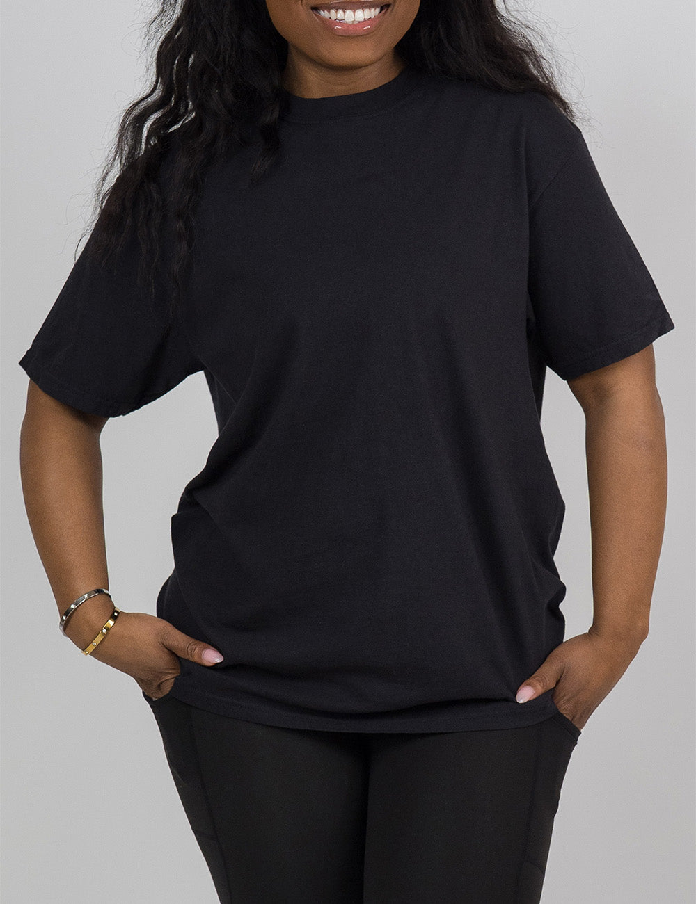 model wearing the black modern tee facing the front