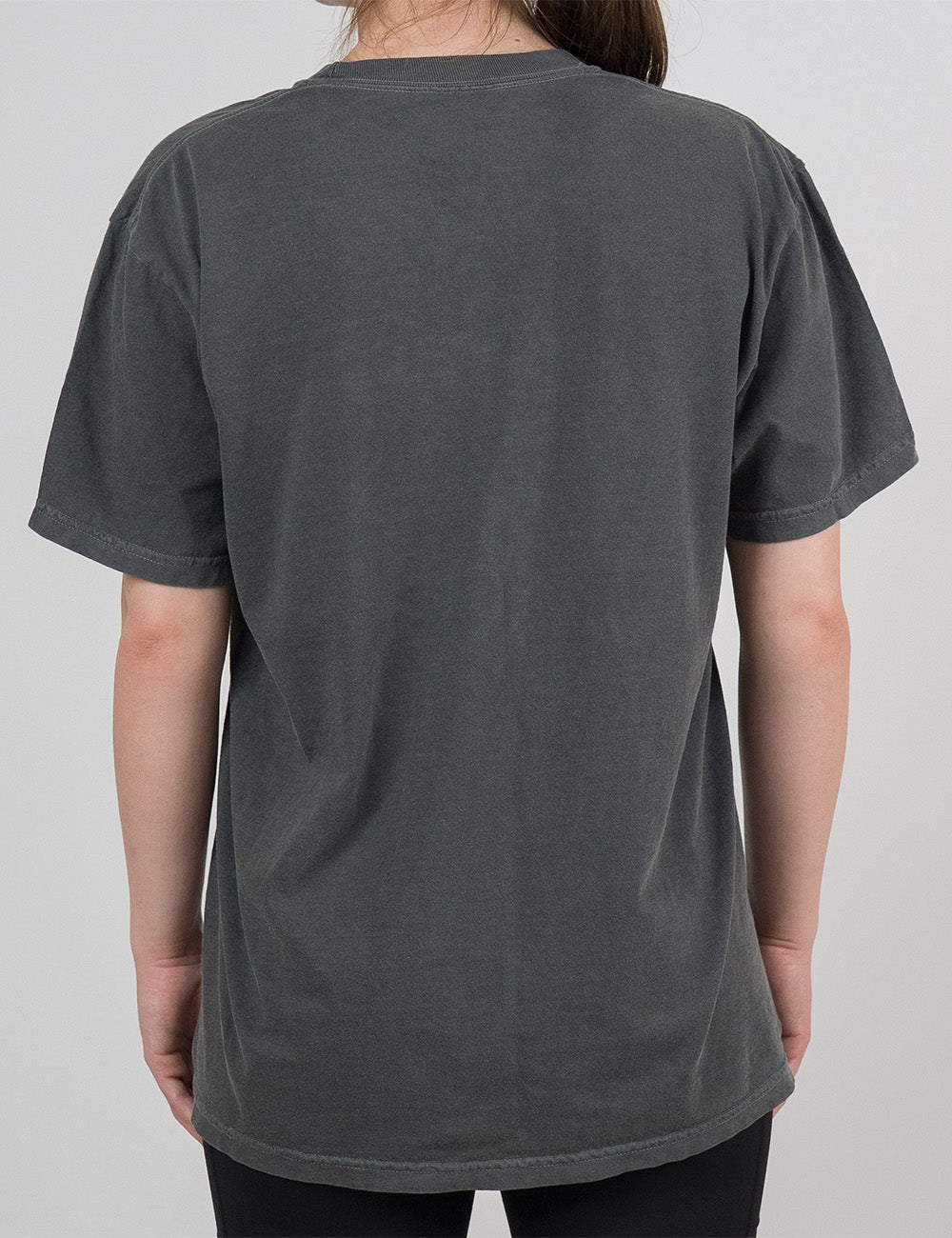 model wearing the grey modern tee facing the back