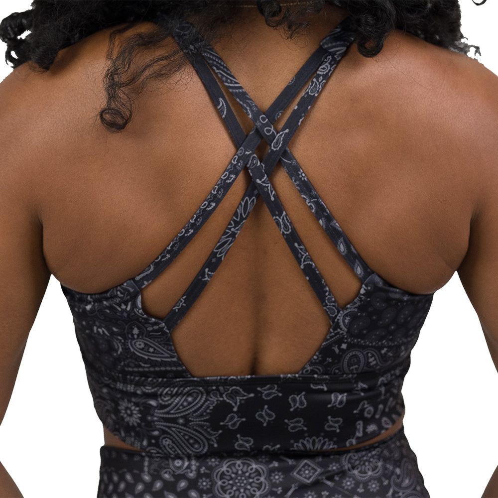 back of the black paisley patterned sports bra