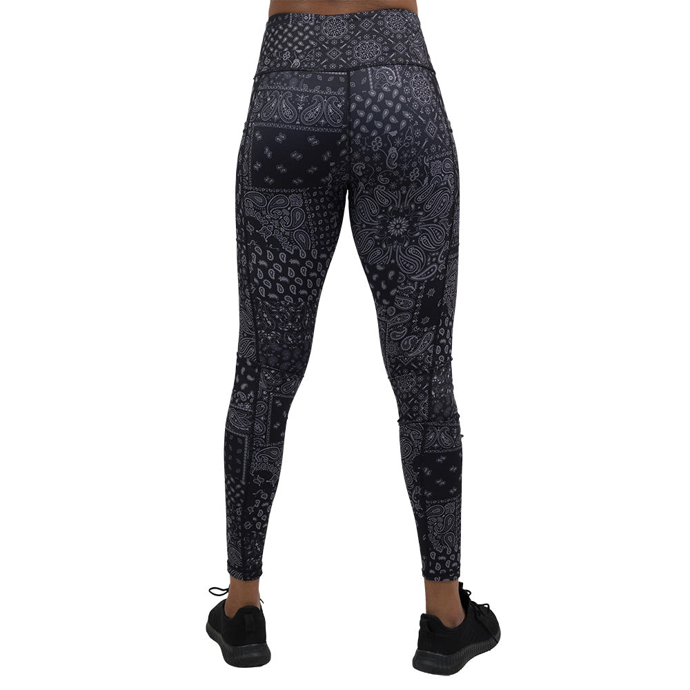back of the black paisley patterned leggings