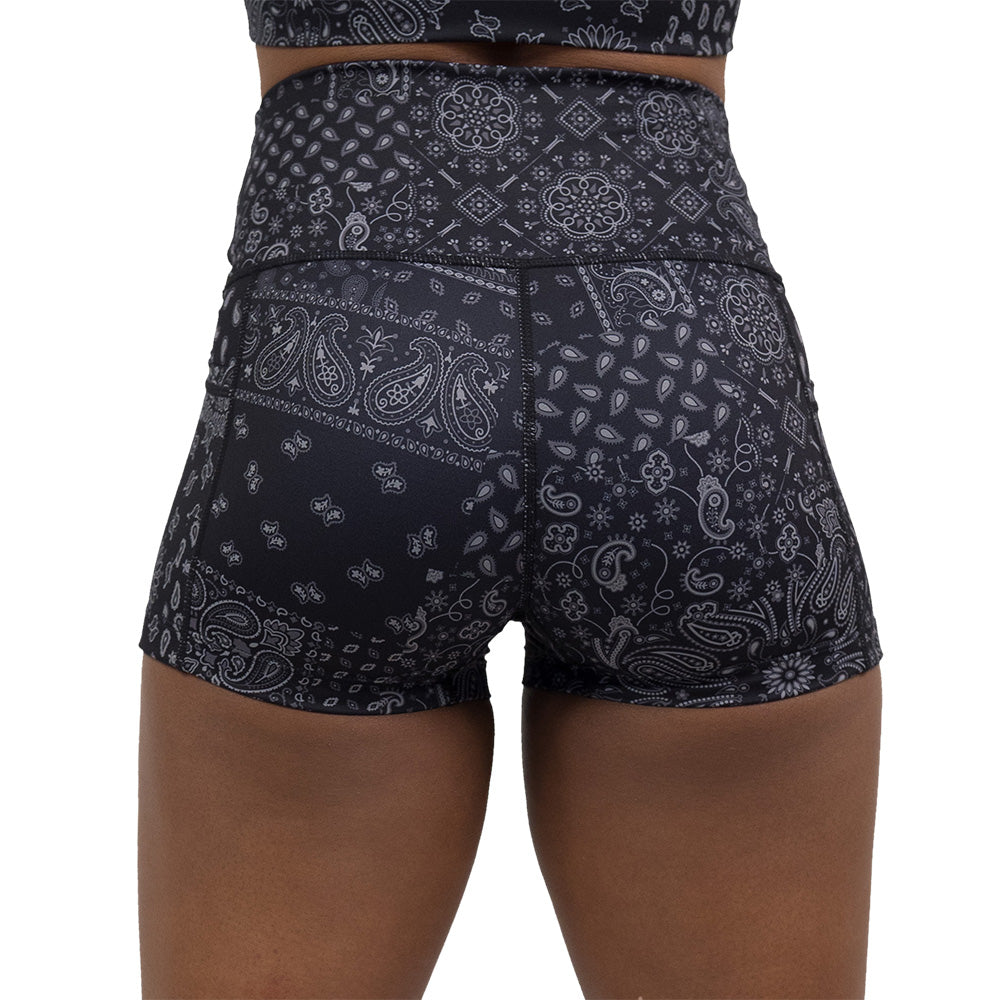 back of the black paisley patterned shorts