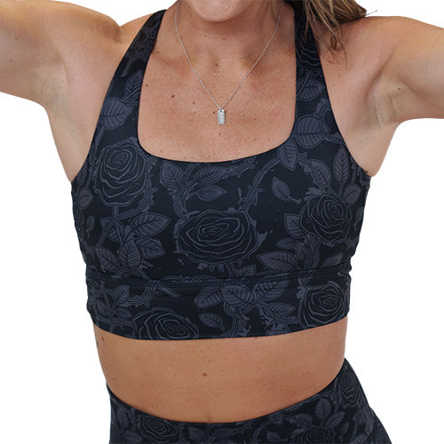 black and grey rose patterned sports bra