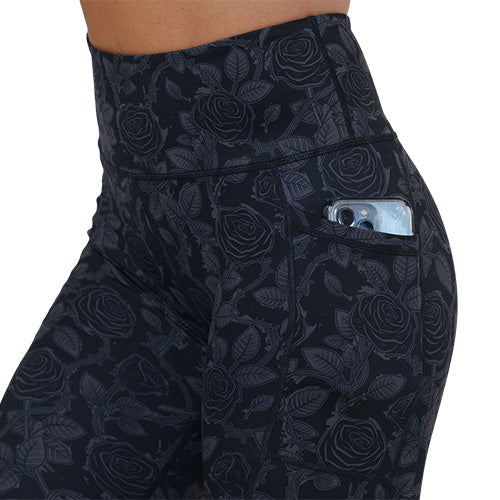 black and grey rose patterned legging's pocket