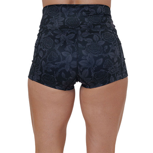 back of 2.5 inch black and grey rose patterned shorts