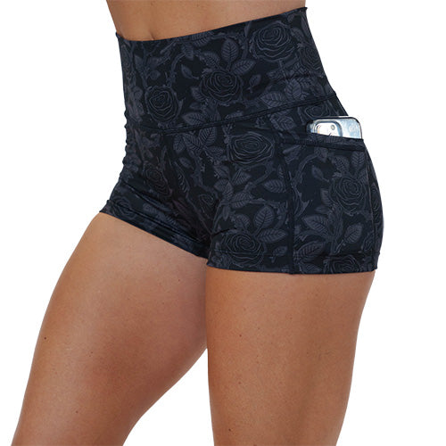 2.5 inch black and grey rose patterned shorts