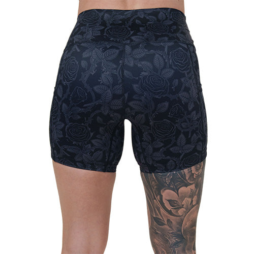 back of 5 inch black and grey rose patterned shorts