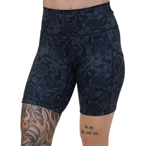 7 inch black and grey rose patterned shorts