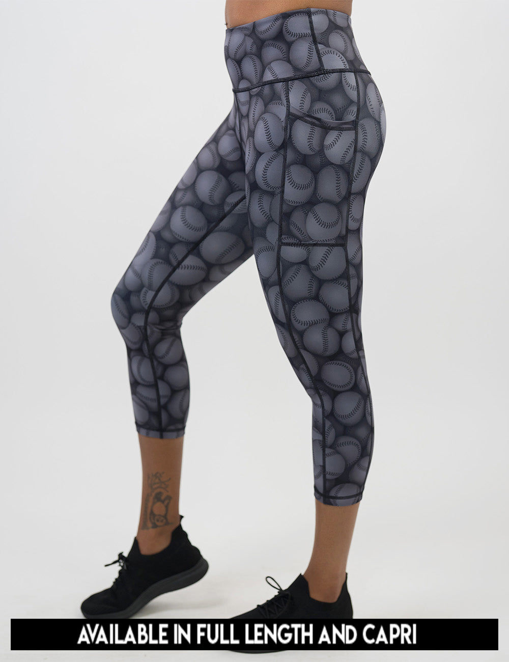 available lengths for the dark grey baseball patterned leggings, lengths include full lengths and capri