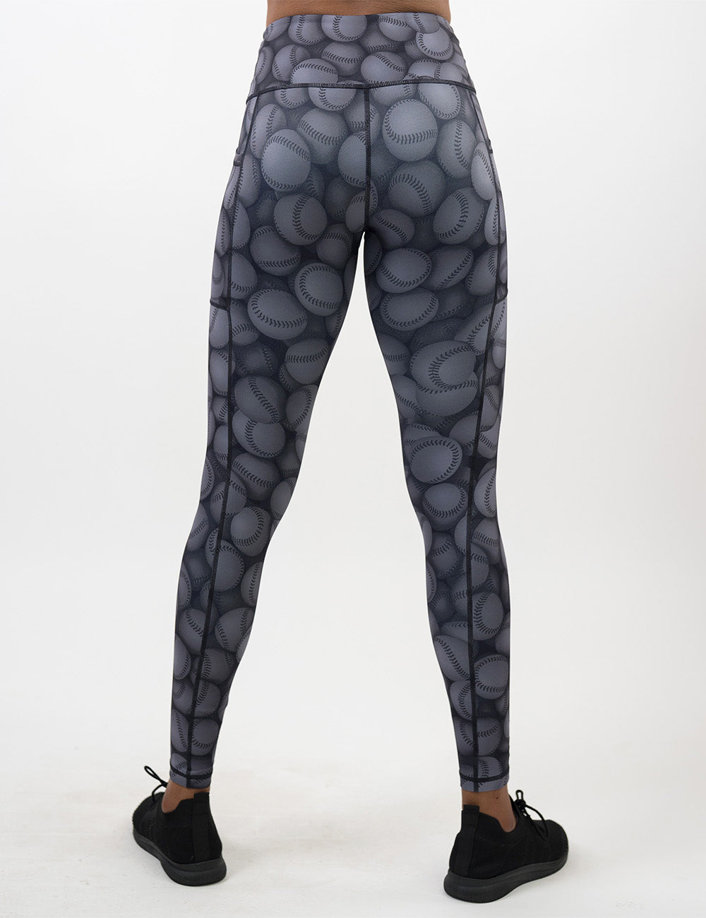 back of the full length dark grey baseball patterned against a white background