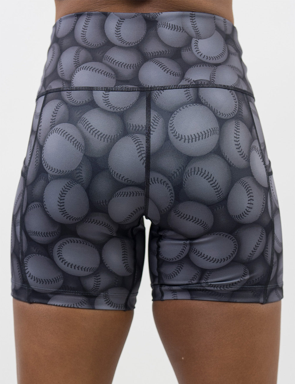back of the 5 inch dark grey baseball patterned shorts against a white background