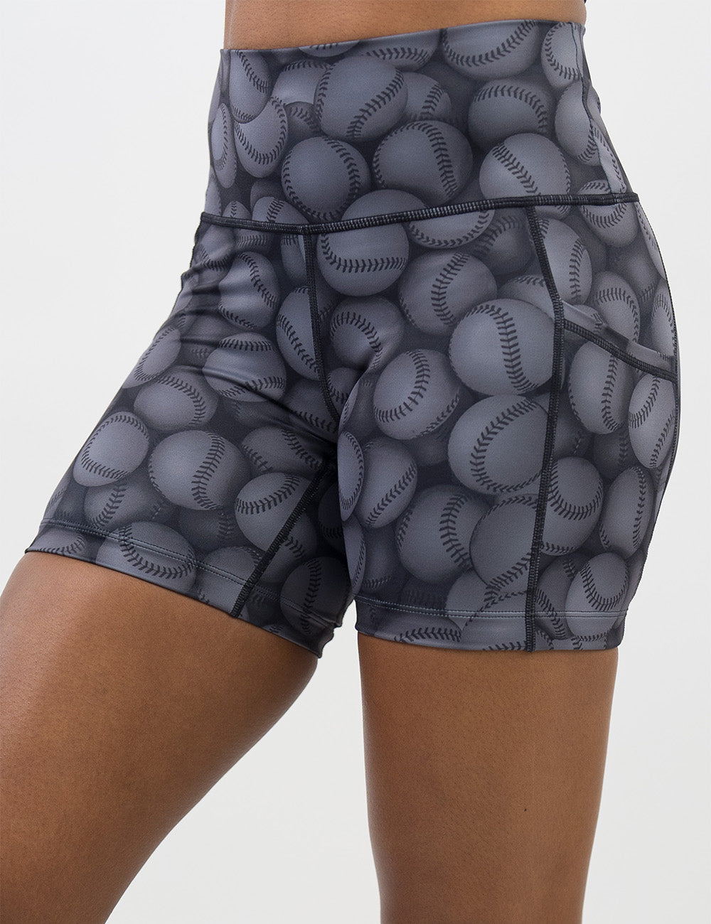 front of the dark grey baseball patterned 5 inch shorts against a white background