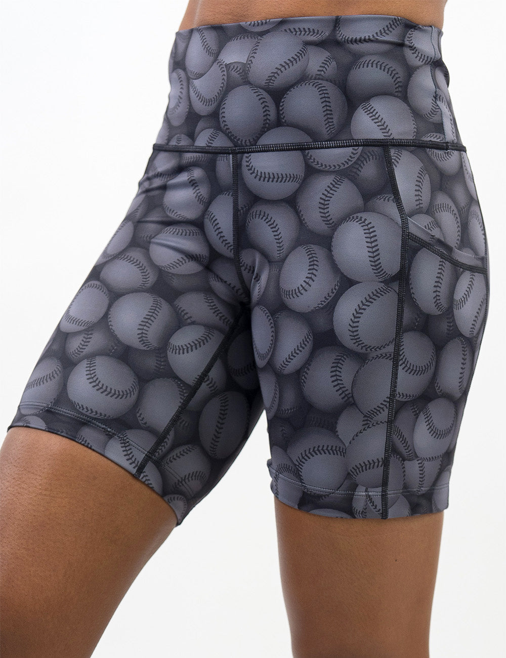 front of the 7 inch dark grey baseball patterned shorts against a white background