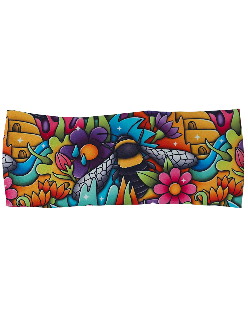 front of the cartoon bees among colorful cartoon flowers headband against a white background