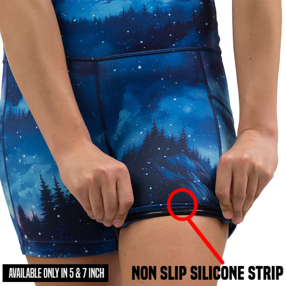 non slip strip on the blue sky and forest patterned shorts