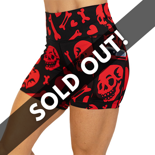 red and black shorts with skulls, bones and hearts sold out