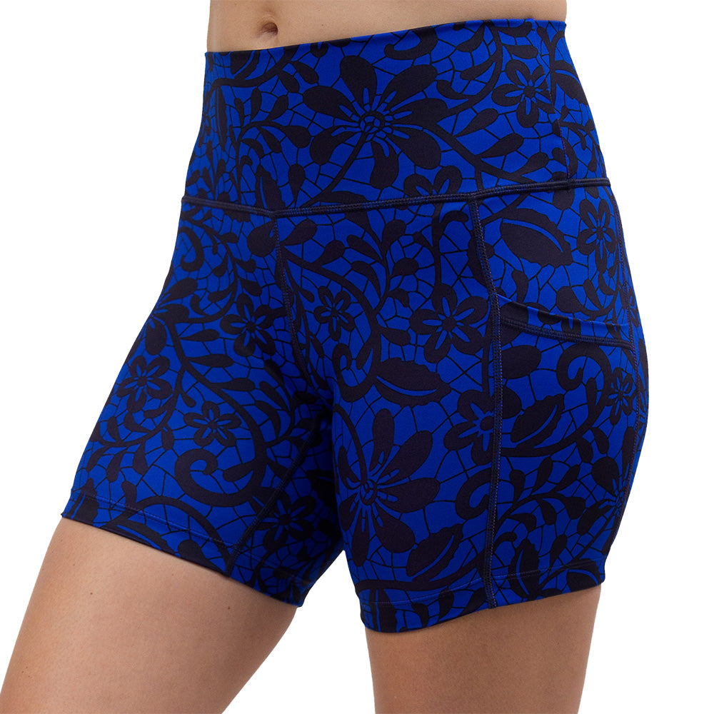 black floral against a dark blue background 5 inch short facing the front against a white background